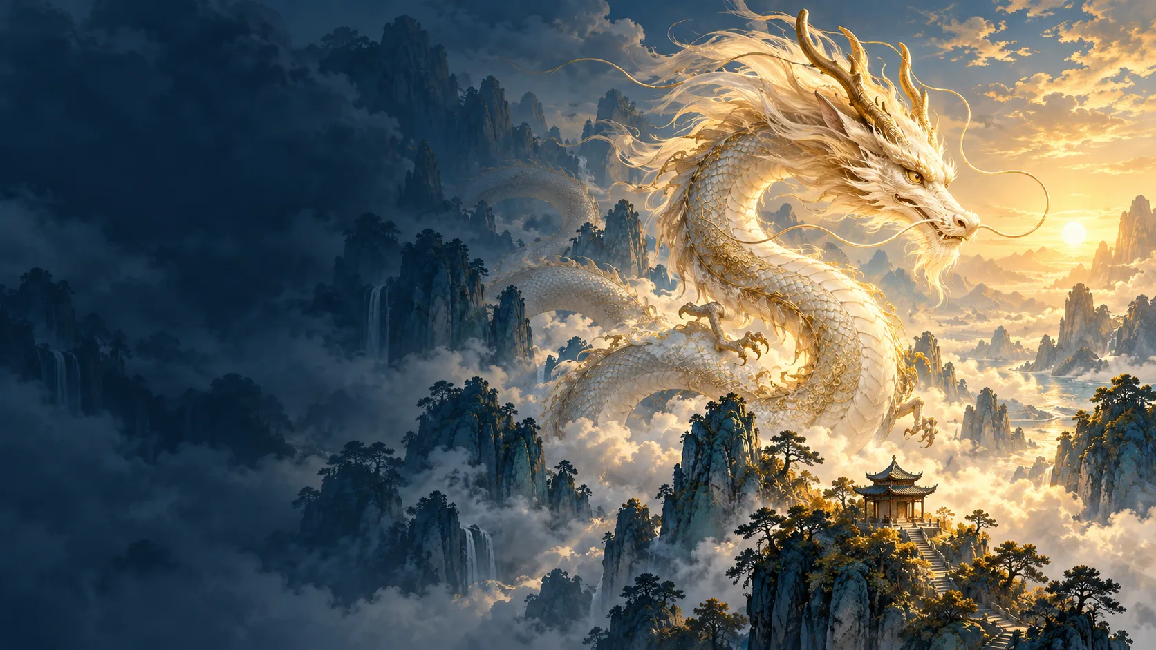 Imaginative illustration of a Chinese dragon rising over misty mountains and an ancient pavilion.